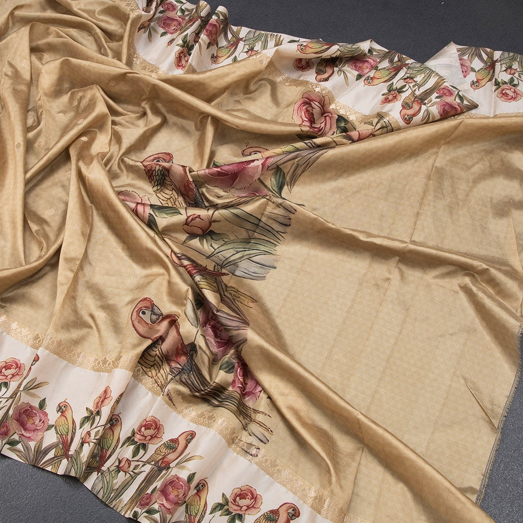 Semi Raw Silk Golden Brown Saree With Zari Buttas And Printed Border