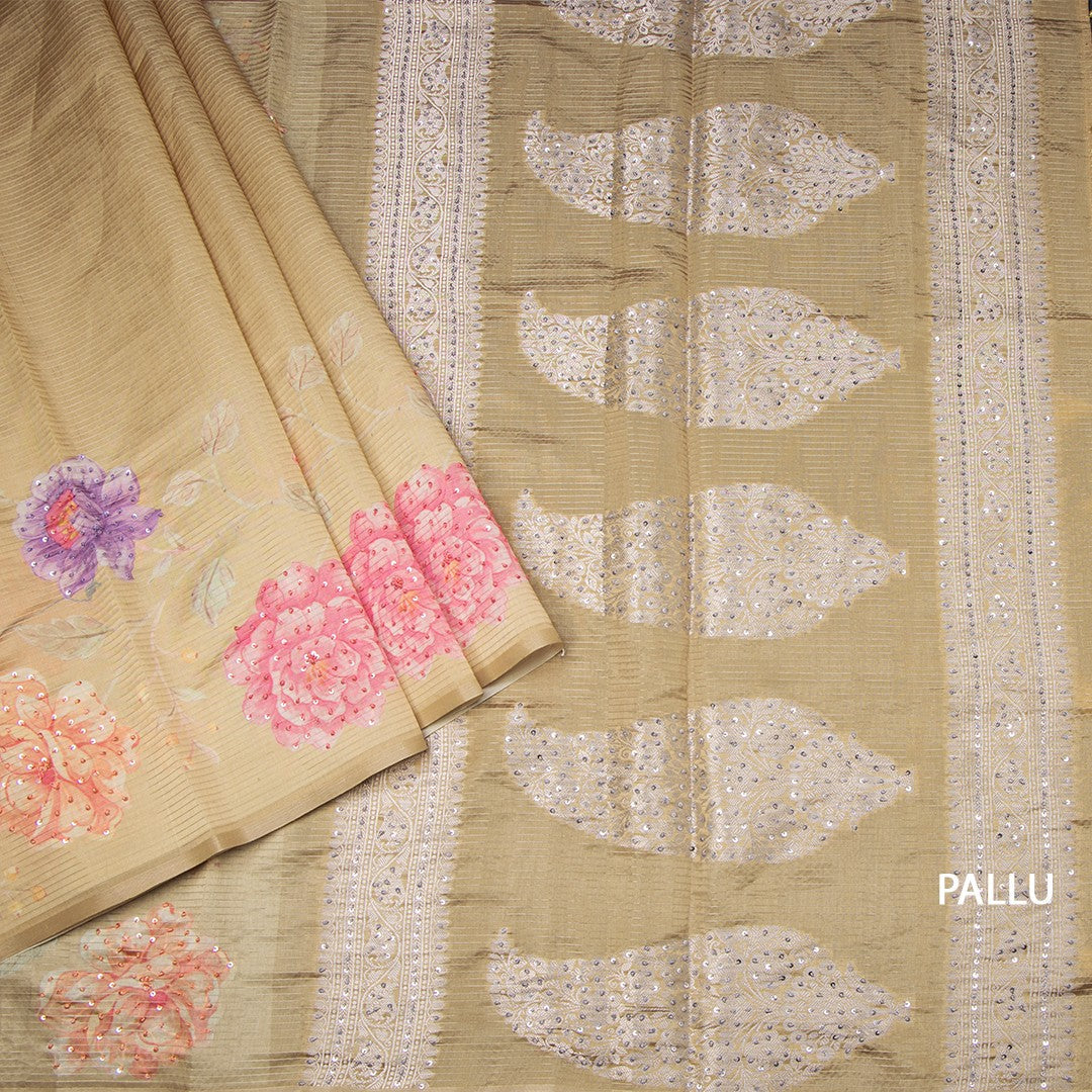 Raw Silk Sandal Zari stripes Saree And Printed Sequence Work