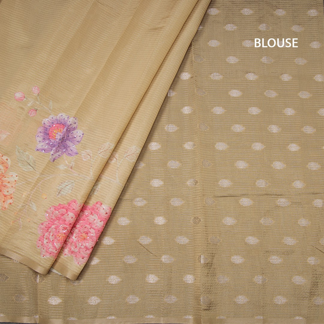 Raw Silk Sandal Zari stripes Saree And Printed Sequence Work