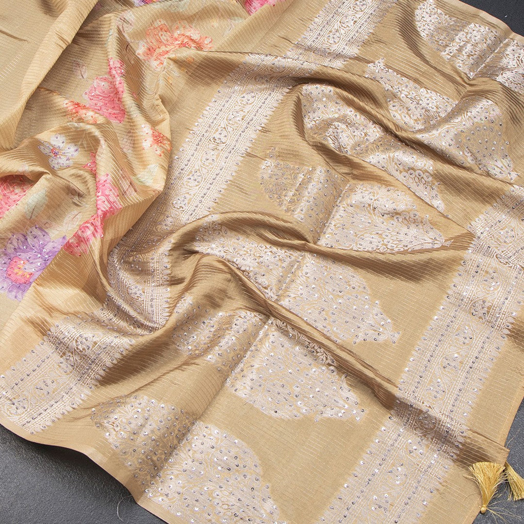 Raw Silk Sandal Zari stripes Saree And Printed Sequence Work
