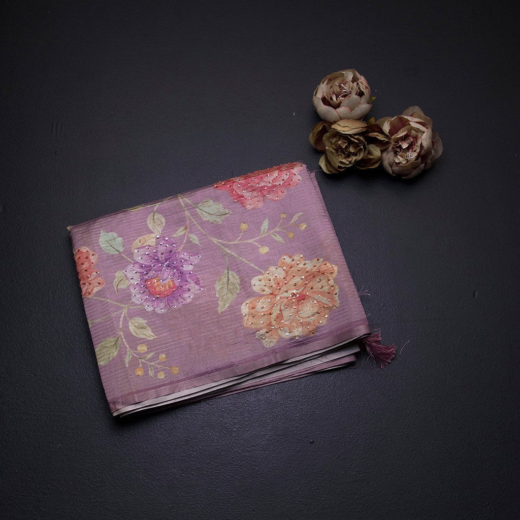 Raw Silk Onion Pink Zari stripes Saree And Printed Sequence Work