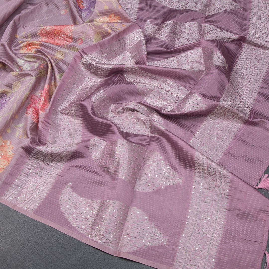 Raw Silk Onion Pink Zari stripes Saree And Printed Sequence Work