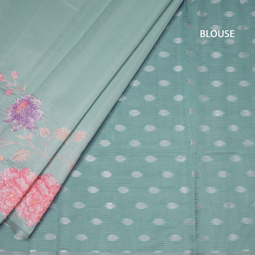 Raw Silk Powder Blue Zari stripes Saree And Printed Sequence Work
