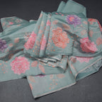 Raw Silk Powder Blue Zari stripes Saree And Printed Sequence Work