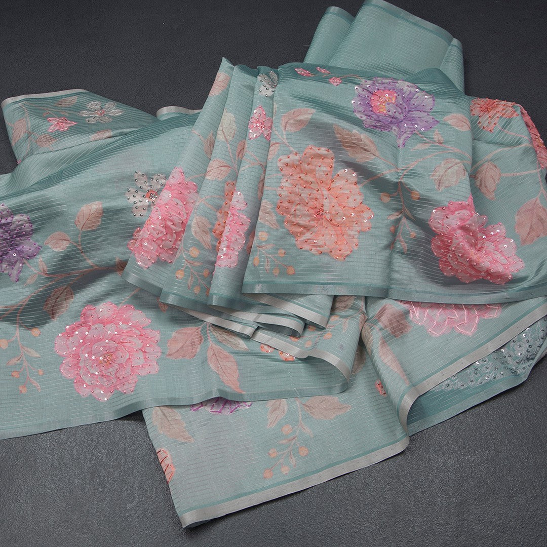 Raw Silk Powder Blue Zari stripes Saree And Printed Sequence Work