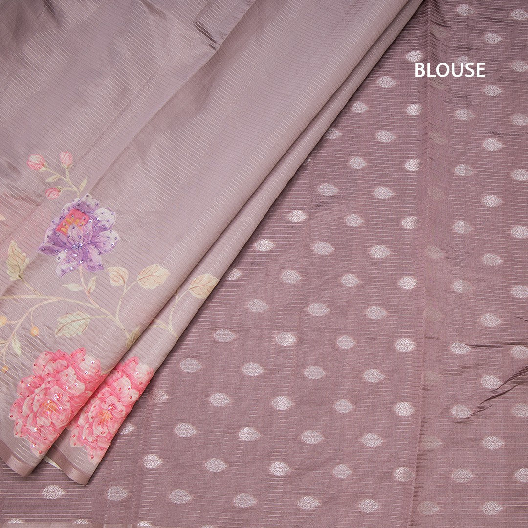 Raw Silk Brown Zari stripes Saree And Printed Sequence Work