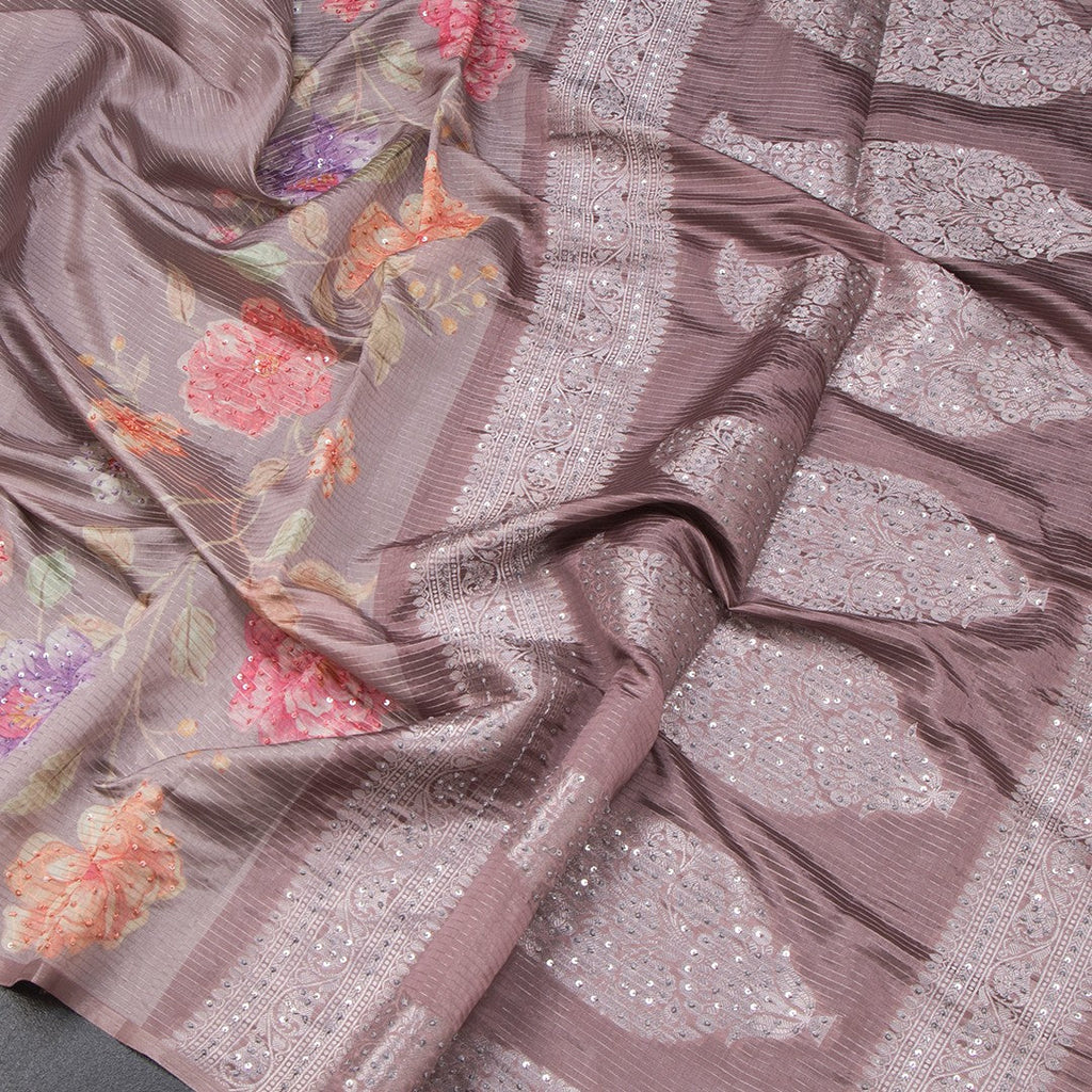 Raw Silk Brown Zari stripes Saree And Printed Sequence Work