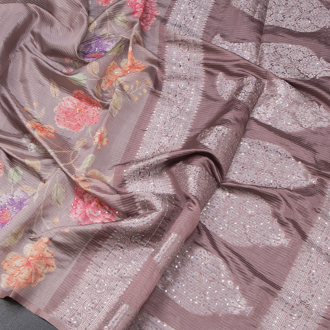 Raw Silk Brown Zari stripes Saree And Printed Sequence Work