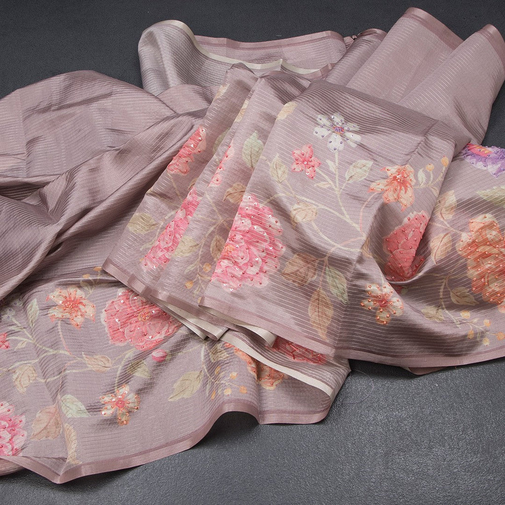 Raw Silk Brown Zari stripes Saree And Printed Sequence Work