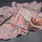 Raw Silk Brown Zari stripes Saree And Printed Sequence Work