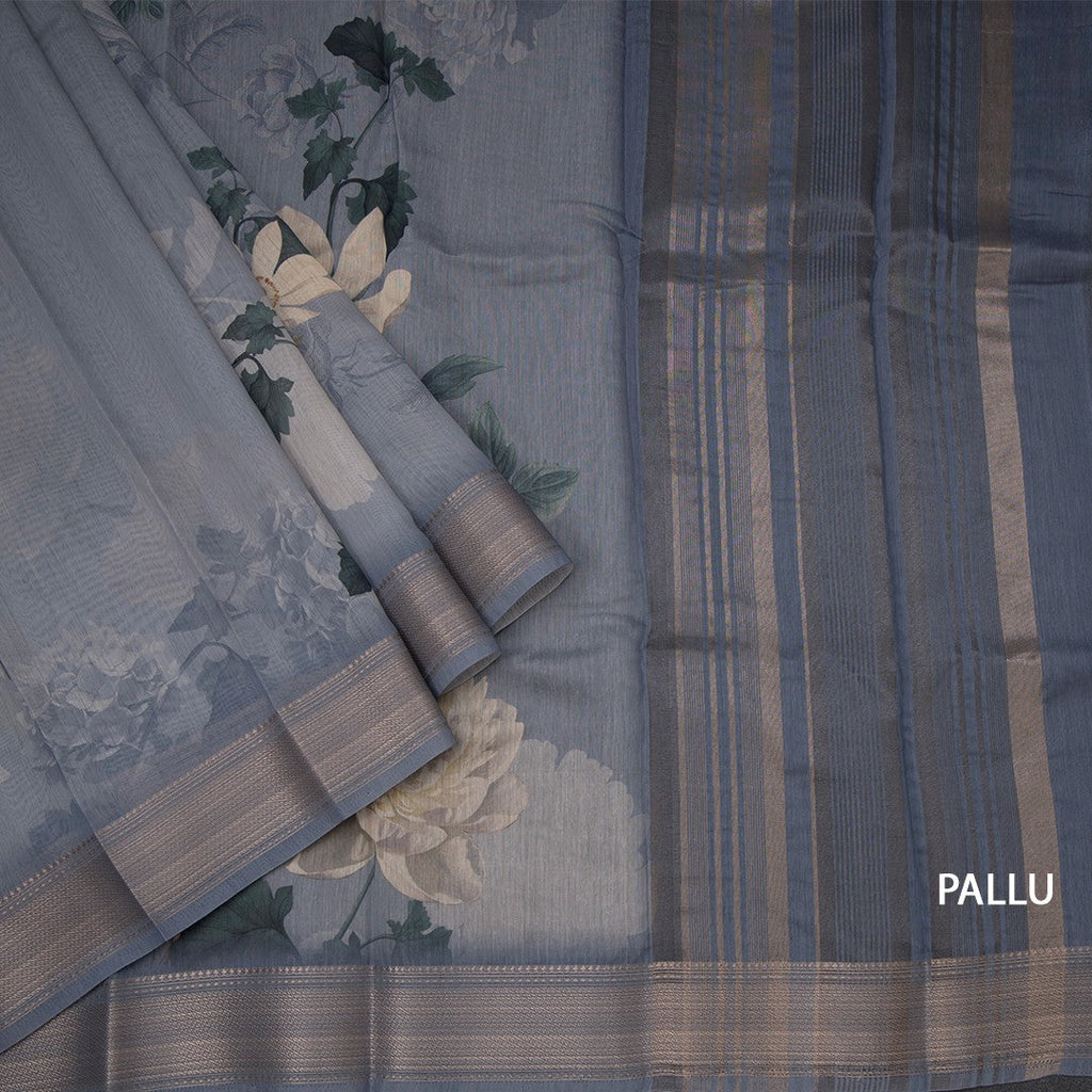 Semi Linen Greyish Blue Floral Printed Saree With Zari Border