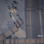 Semi Linen Greyish Blue Floral Printed Saree With Zari Border