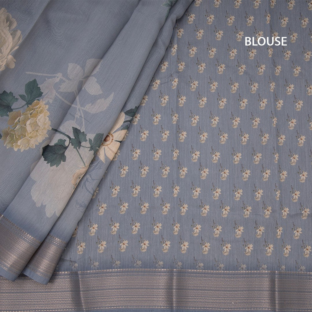 Semi Linen Greyish Blue Floral Printed Saree With Zari Border