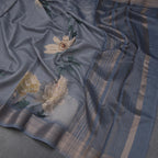 Semi Linen Greyish Blue Floral Printed Saree With Zari Border