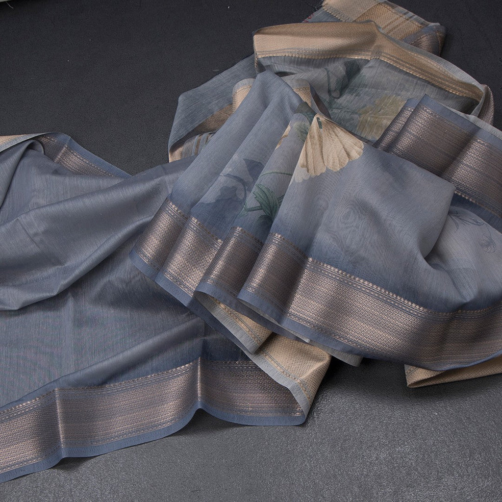 Semi Linen Greyish Blue Floral Printed Saree With Zari Border