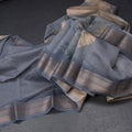 Semi Linen Greyish Blue Floral Printed Saree With Zari Border