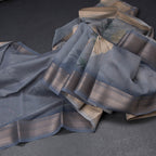Semi Linen Greyish Blue Floral Printed Saree With Zari Border
