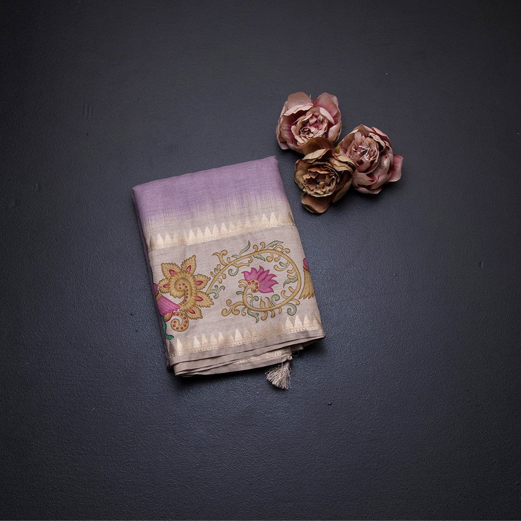 Tussar Lavender Plain Saree With Temple Border