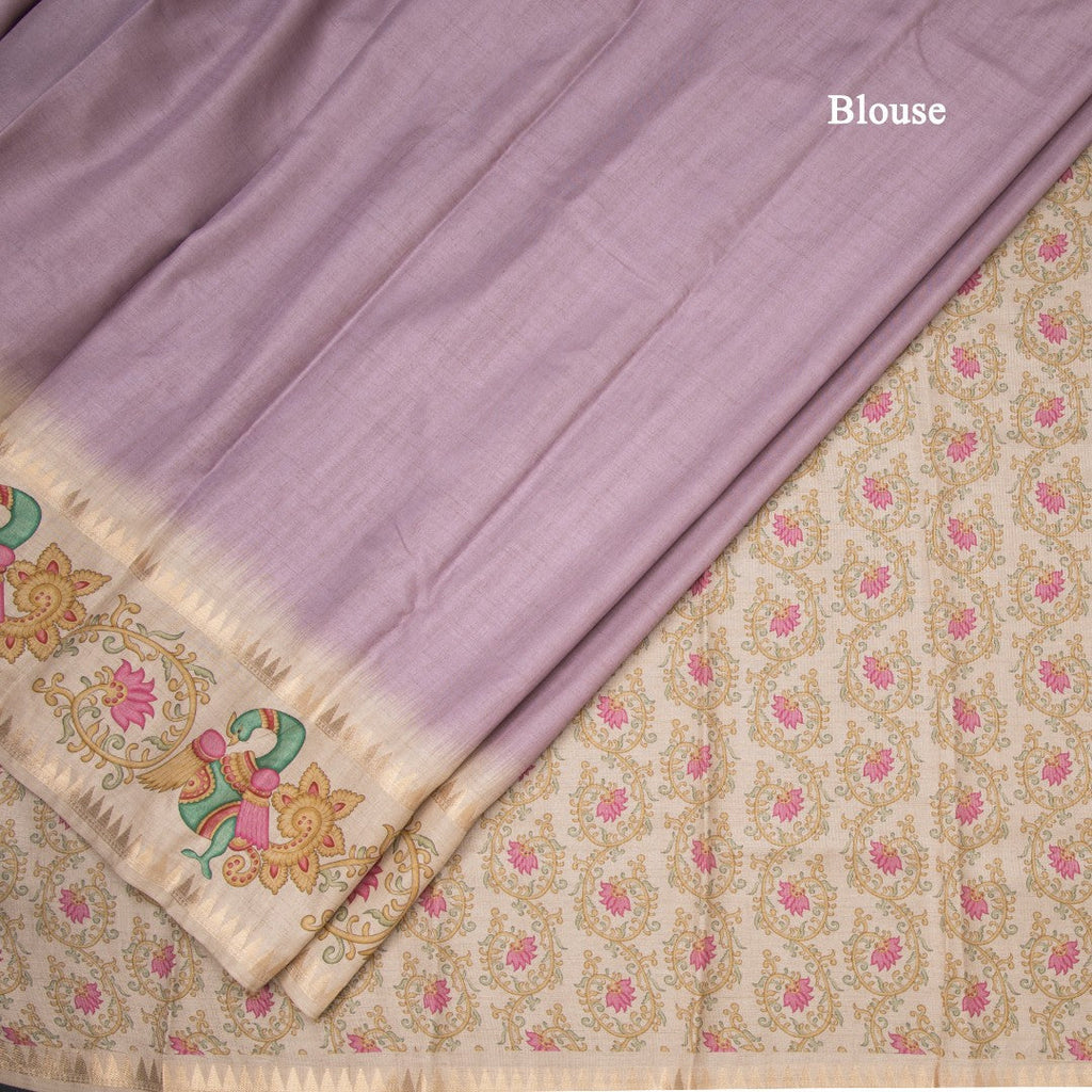 Tussar Lavender Plain Saree With Temple Border