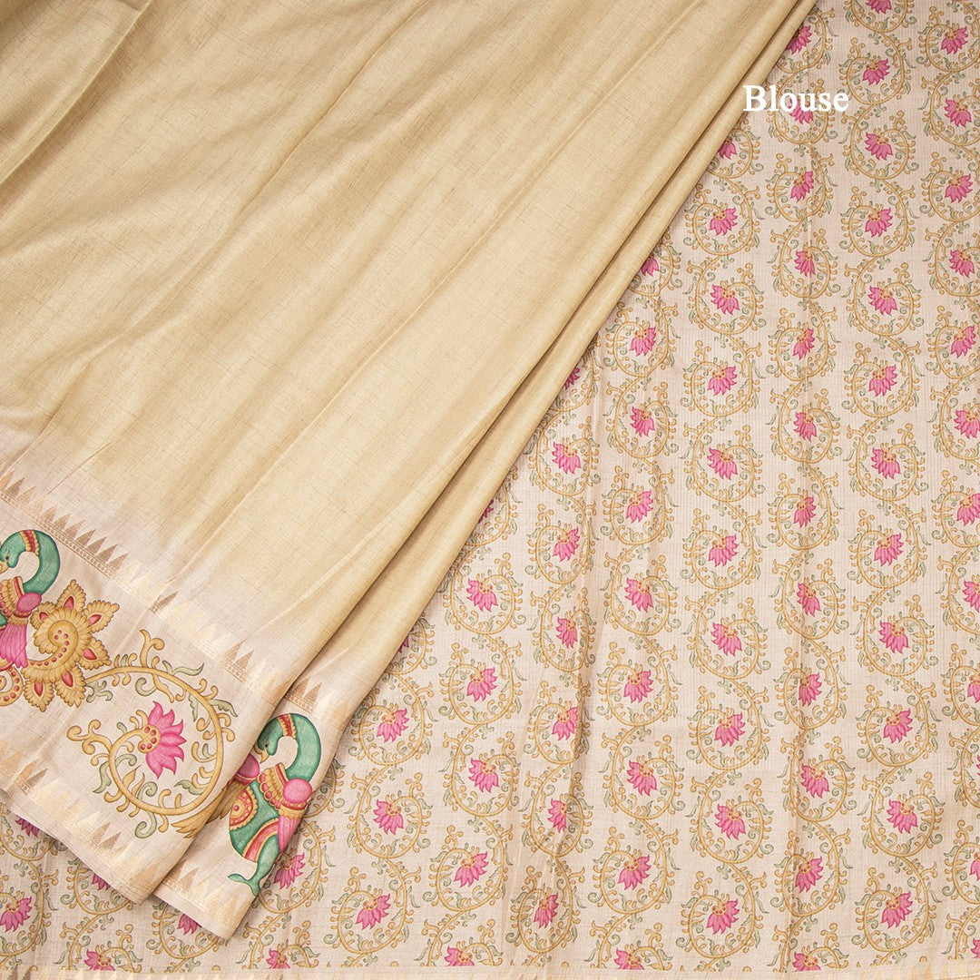 Tussar Pastel Yellow Plain Saree With Temple Border