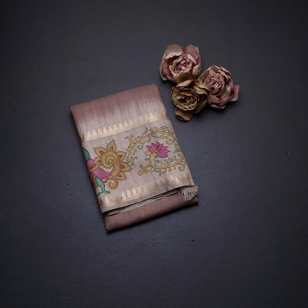 Tussar Light Brown Plain Saree With Temple Border