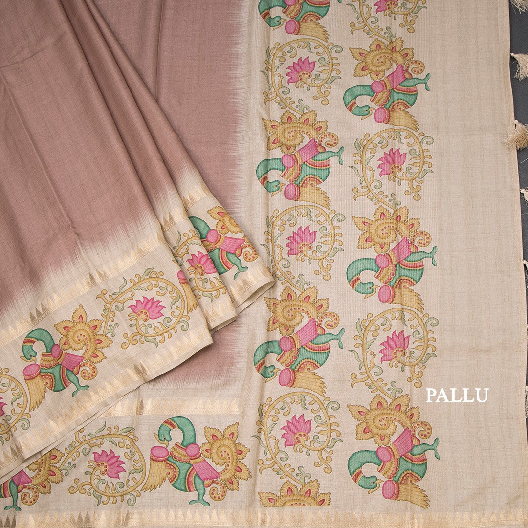 Tussar Light Brown Plain Saree With Temple Border