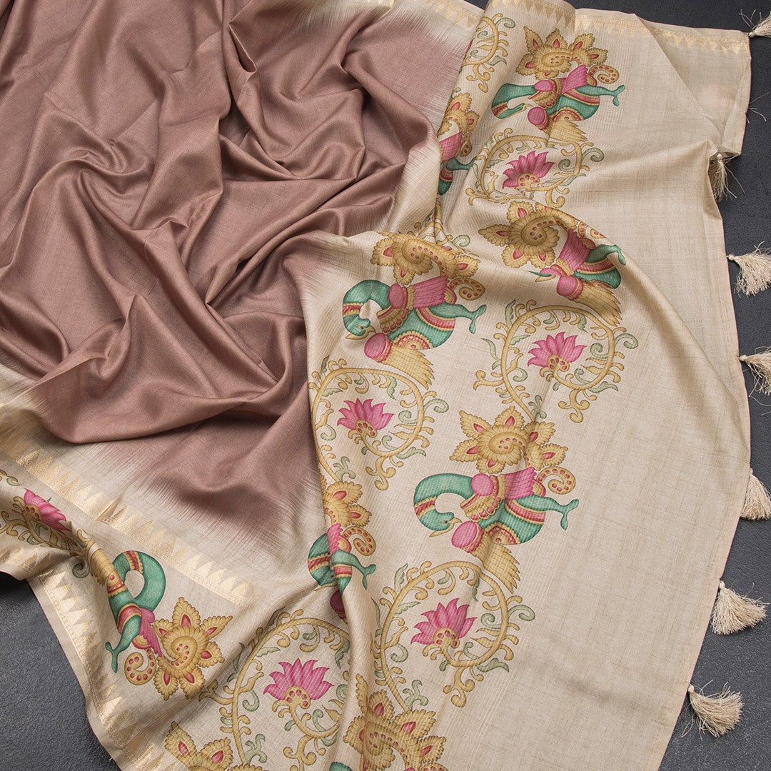 Tussar Light Brown Plain Saree With Temple Border