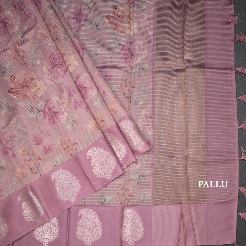 Raw Silk Onion Pink Zari Stripes With Floral Printed Saree