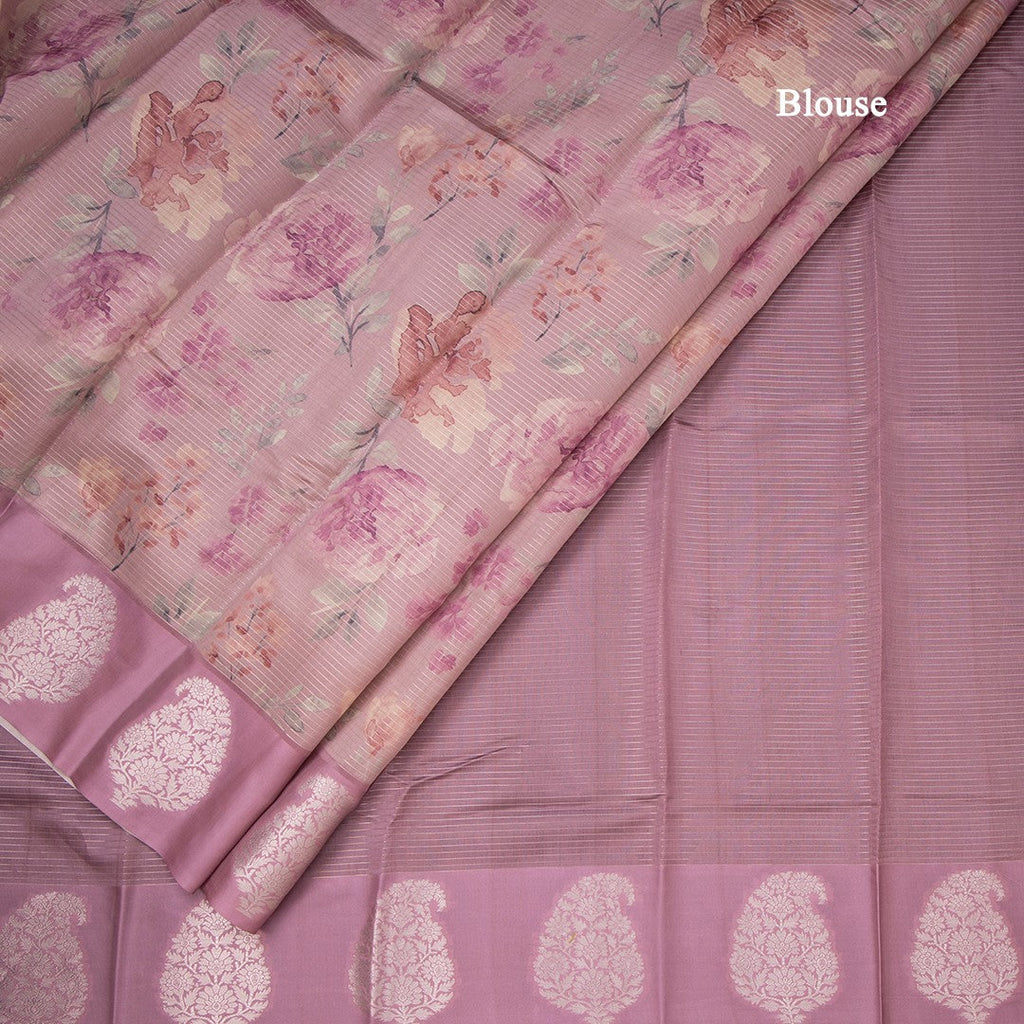 Raw Silk Onion Pink Zari Stripes With Floral Printed Saree