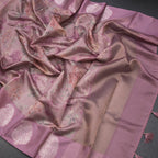 Raw Silk Onion Pink Zari Stripes With Floral Printed Saree
