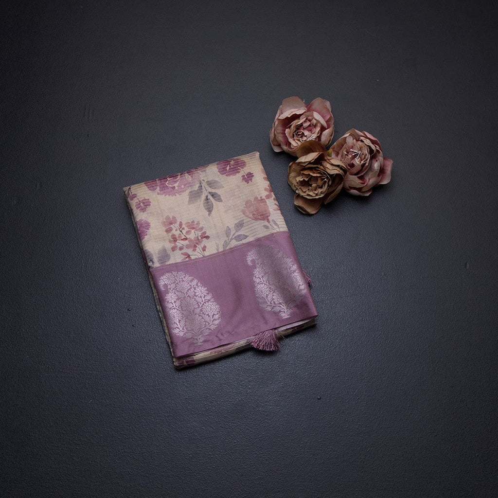 Raw Silk Cream Zari Stripes With Floral Printed Saree 02