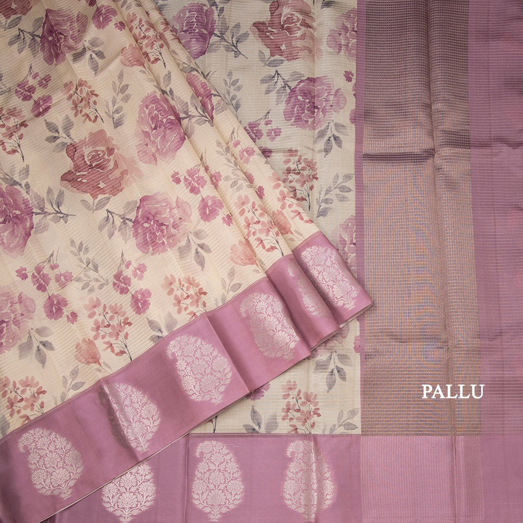 Raw Silk Cream Zari Stripes With Floral Printed Saree 02