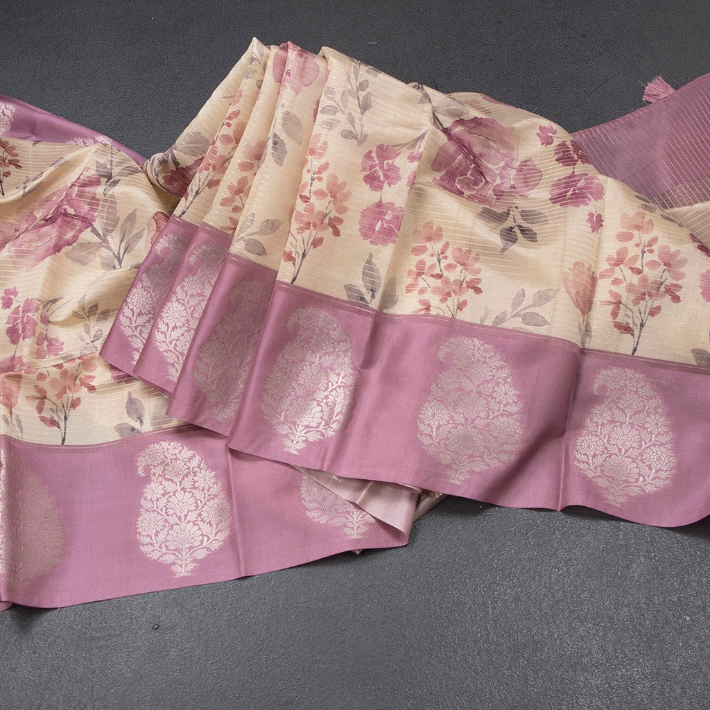 Raw Silk Cream Zari Stripes With Floral Printed Saree 02