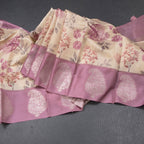Raw Silk Cream Zari Stripes With Floral Printed Saree 02