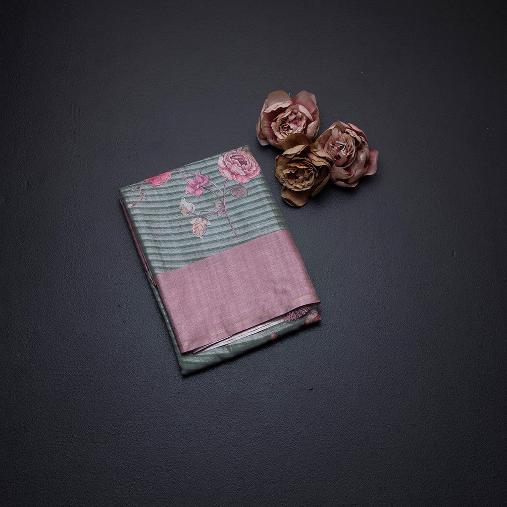 Raw Silk Pista Green Stripes Printed Saree With Zari Checks Border