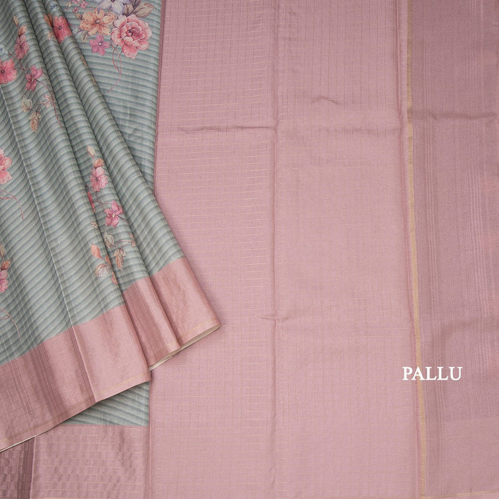 Raw Silk Pista Green Stripes Printed Saree With Zari Checks Border