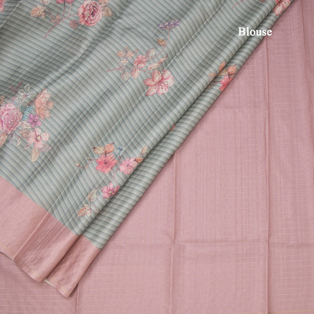 Raw Silk Pista Green Stripes Printed Saree With Zari Checks Border