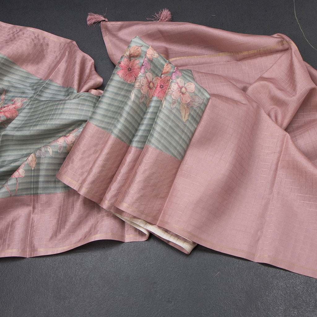 Raw Silk Pista Green Stripes Printed Saree With Zari Checks Border