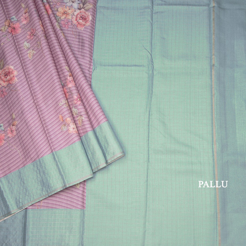 Raw Silk Onion Pink Stripes Printed Saree With Zari Checks Border 02