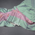 Raw Silk Onion Pink Stripes Printed Saree With Zari Checks Border 02