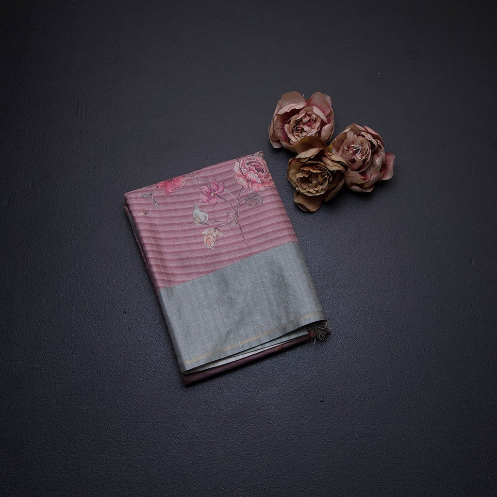 Raw Silk Onion Pink Stripes Printed Saree With Zari Checks Border 03