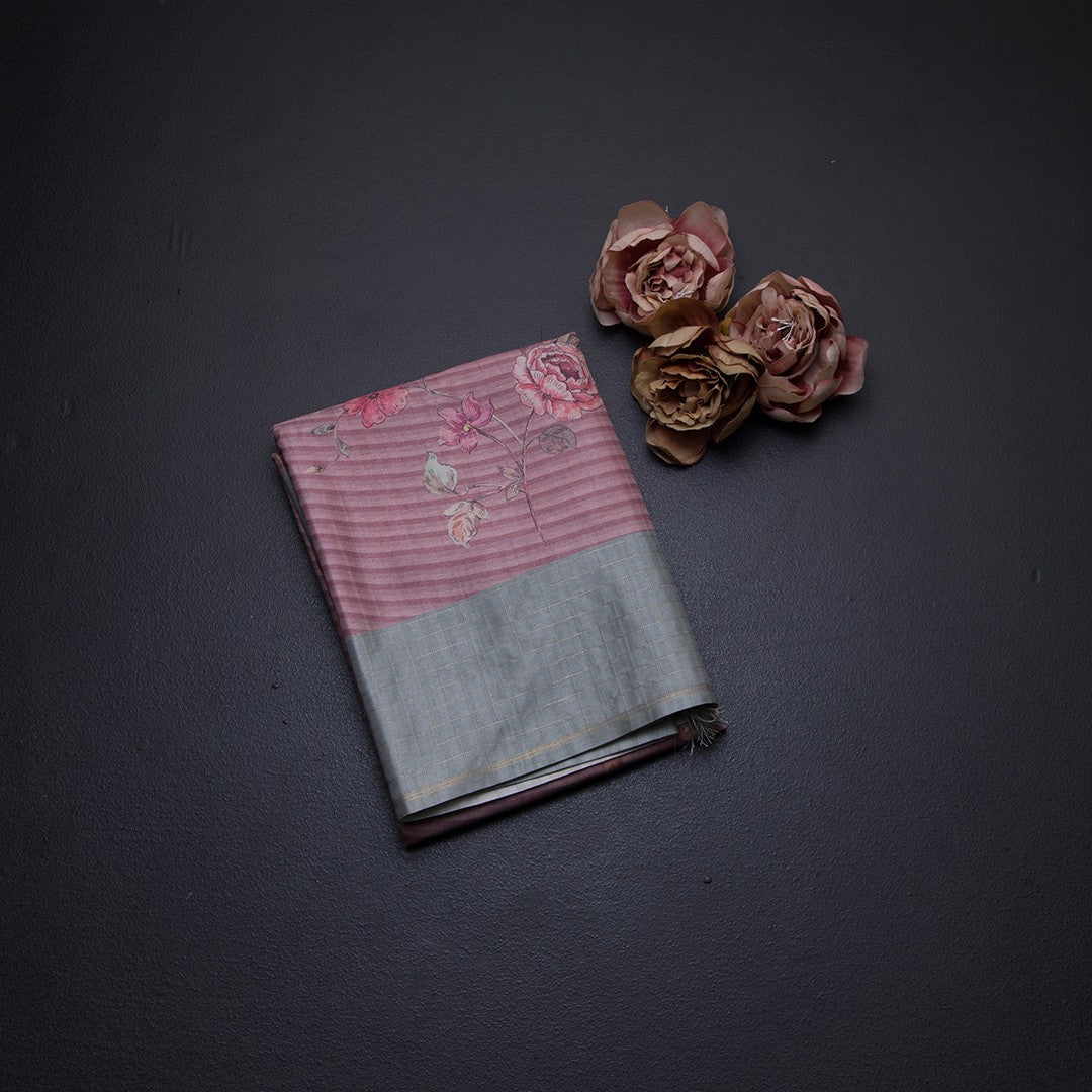 Raw Silk Onion Pink Stripes Printed Saree With Zari Checks Border 03