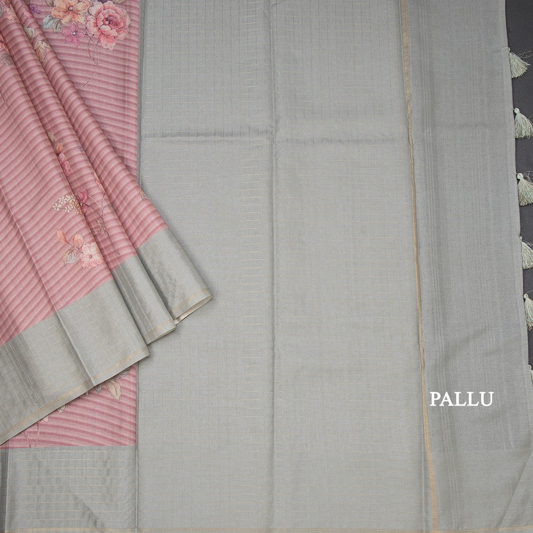 Raw Silk Onion Pink Stripes Printed Saree With Zari Checks Border 03