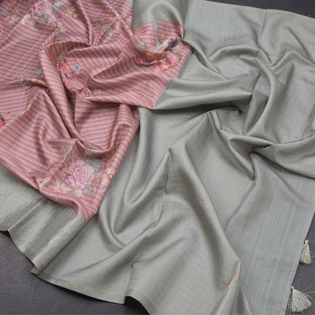Raw Silk Onion Pink Stripes Printed Saree With Zari Checks Border 03