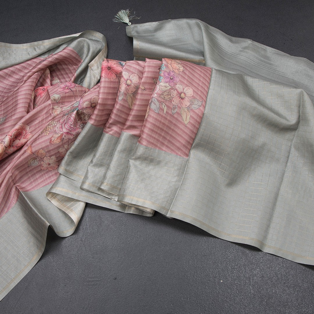 Raw Silk Onion Pink Stripes Printed Saree With Zari Checks Border 03