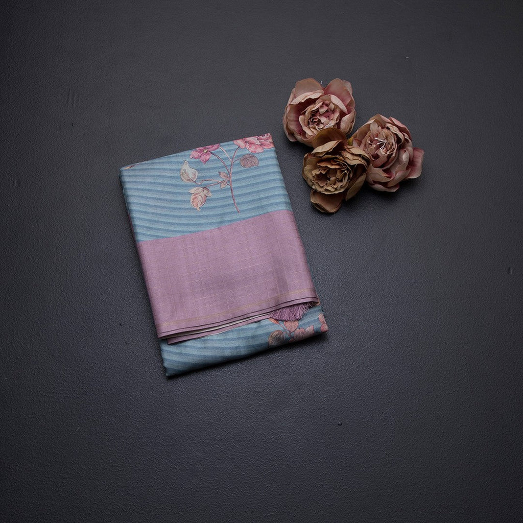 Raw Silk Light Blue Stripes Printed Saree With Zari Checks Border
