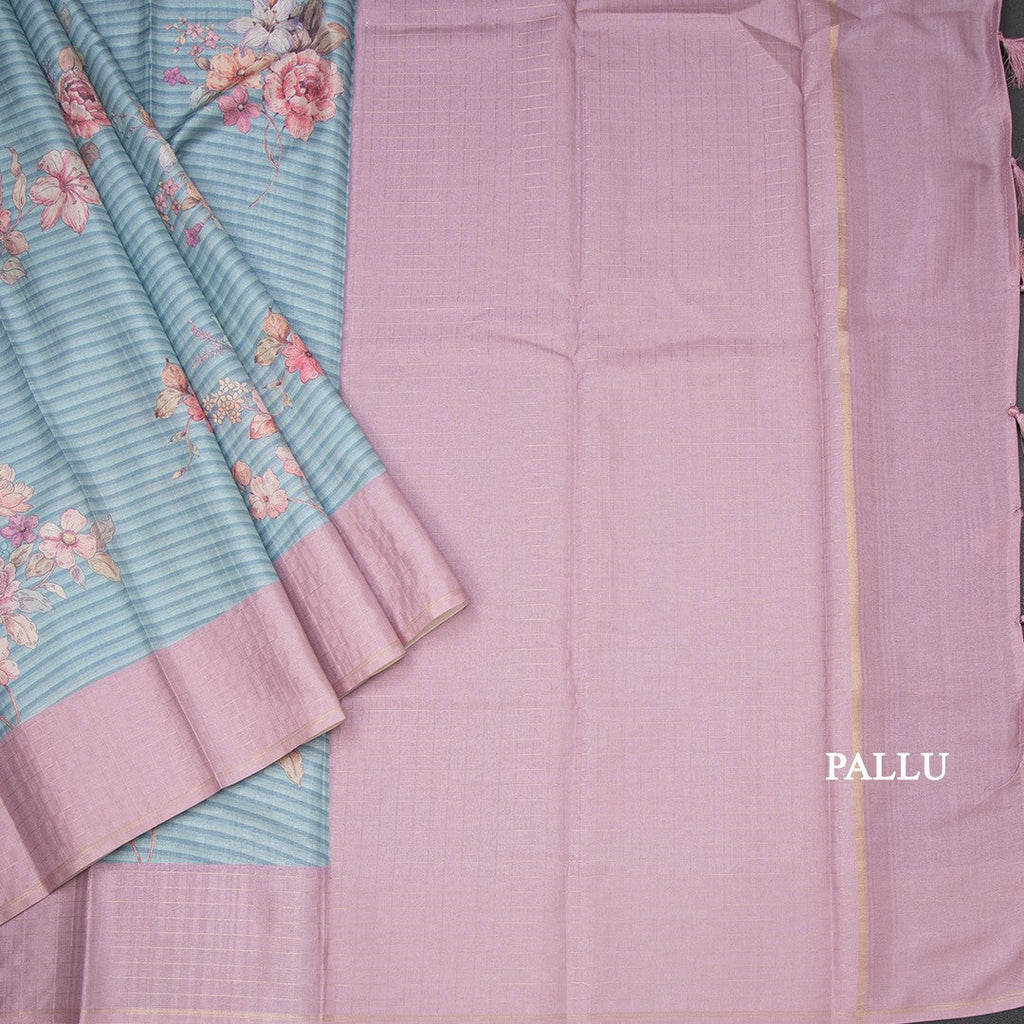 Raw Silk Light Blue Stripes Printed Saree With Zari Checks Border