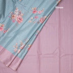 Raw Silk Light Blue Stripes Printed Saree With Zari Checks Border