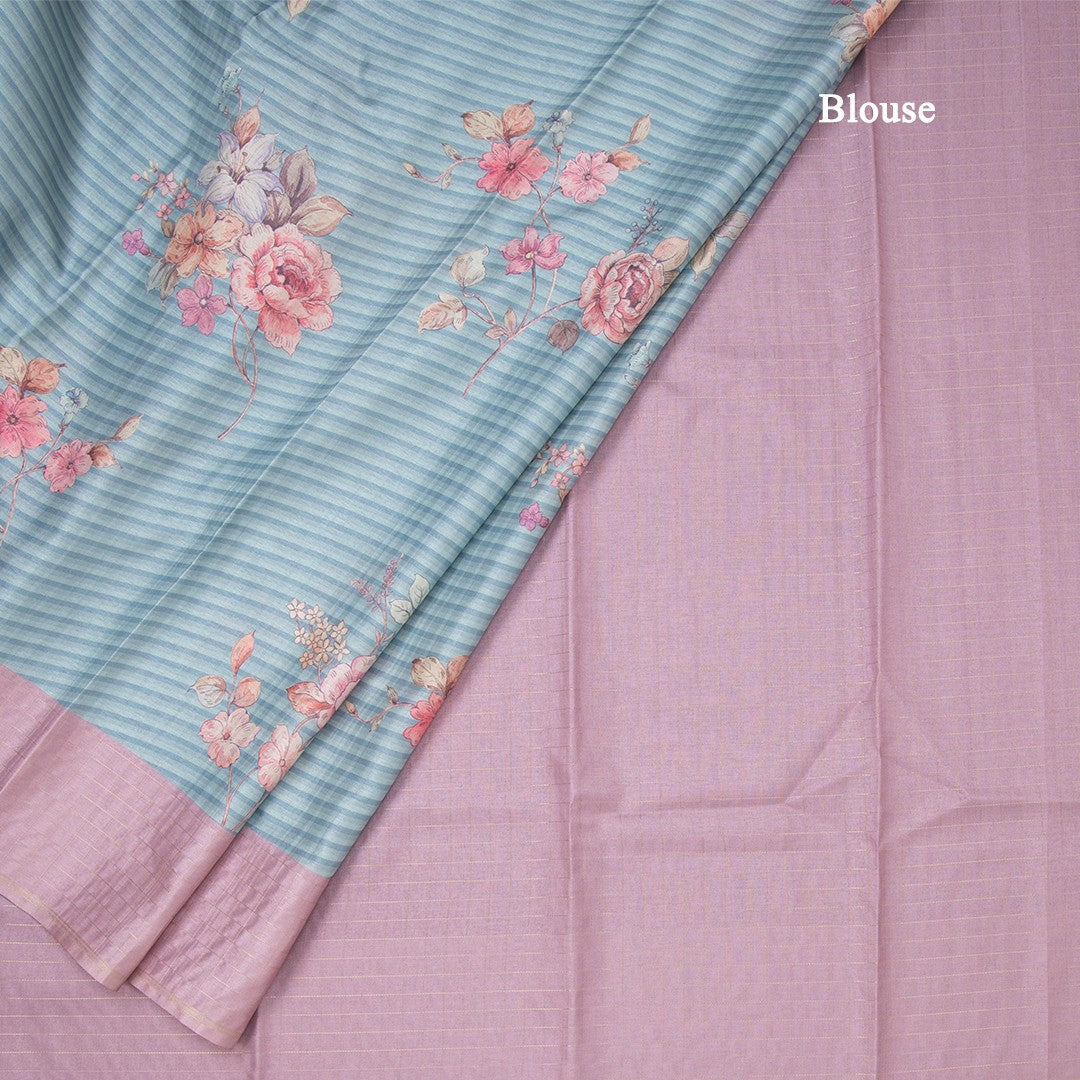 Raw Silk Light Blue Stripes Printed Saree With Zari Checks Border