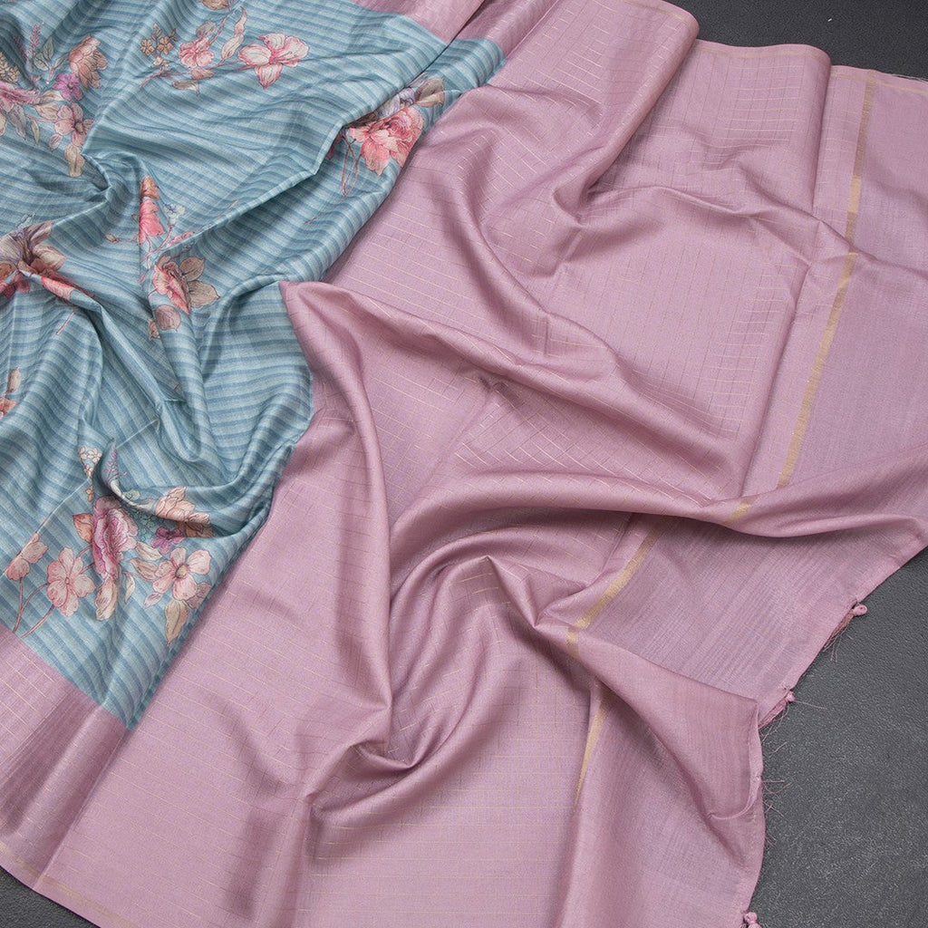 Raw Silk Light Blue Stripes Printed Saree With Zari Checks Border
